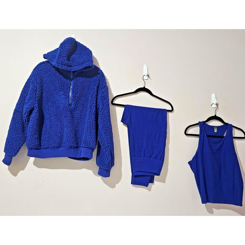 Victorias Secret Sherpa Hoodie, Tank ( XL ) & Joggers ( 14 ) Set Cobalt Blue XL